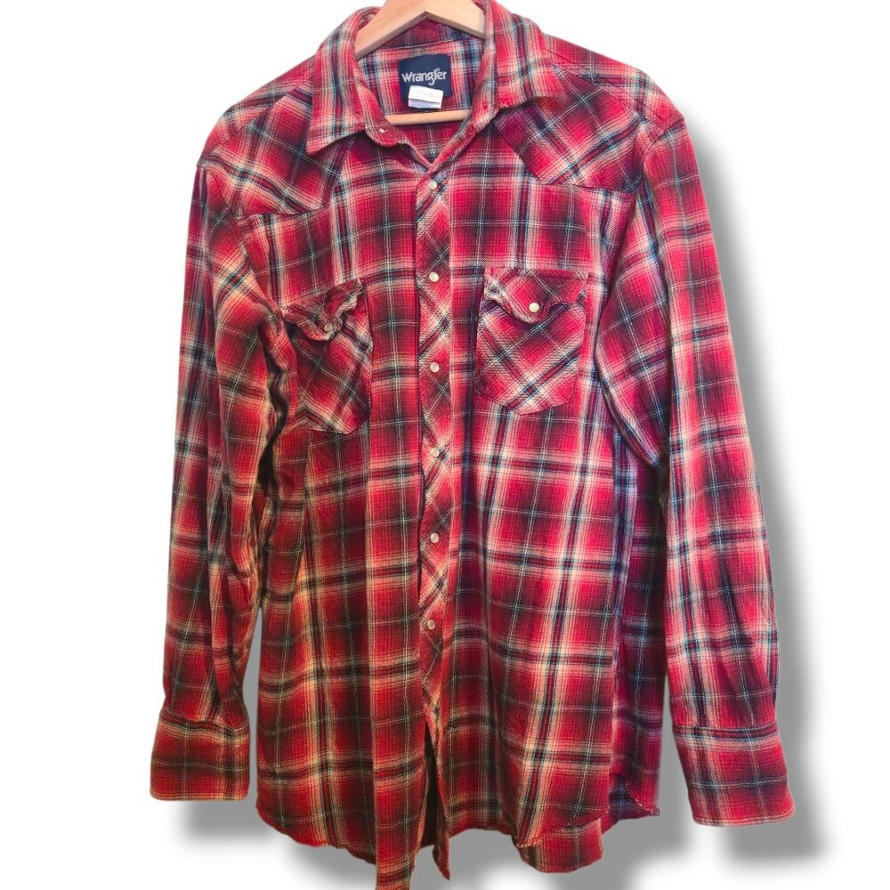 Wrangler shirt Mens X-Large Tall red plaid pearl-snap 100% Cotton long-sleeve